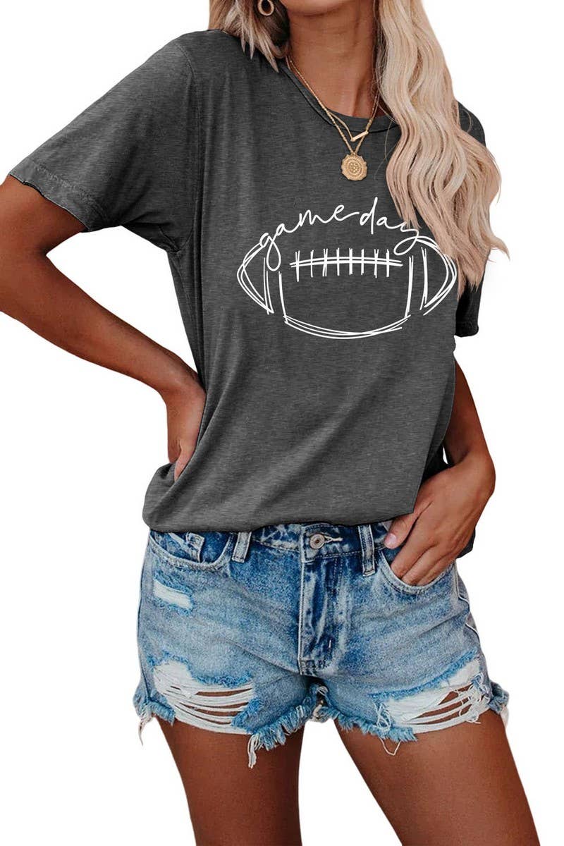 CWTTS0587_WOMEN GAME DAY PRINTING SHORT SLEEVE T SHIRT TOP: Black / (M) 1