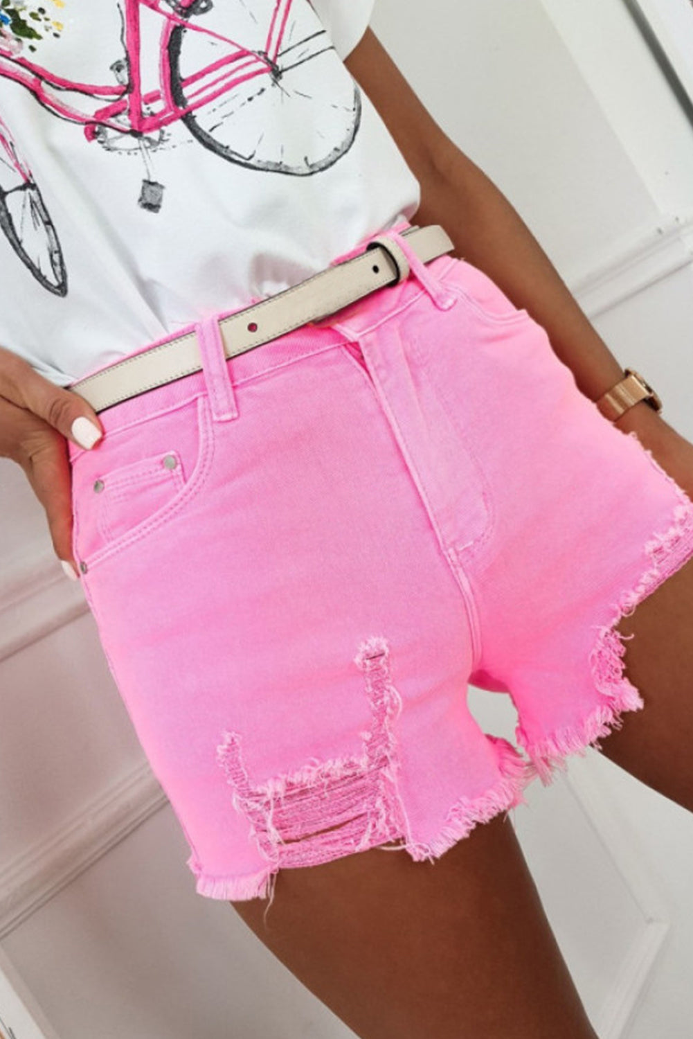 Rose Solid Color Distressed Denim Shorts