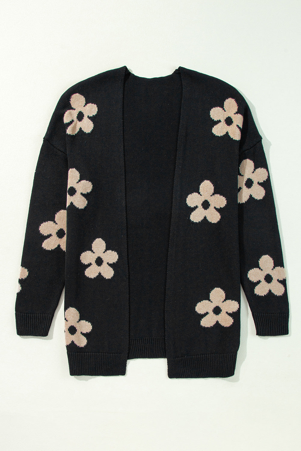 Black Floral Print Knitted Open Front Loose Cardigan