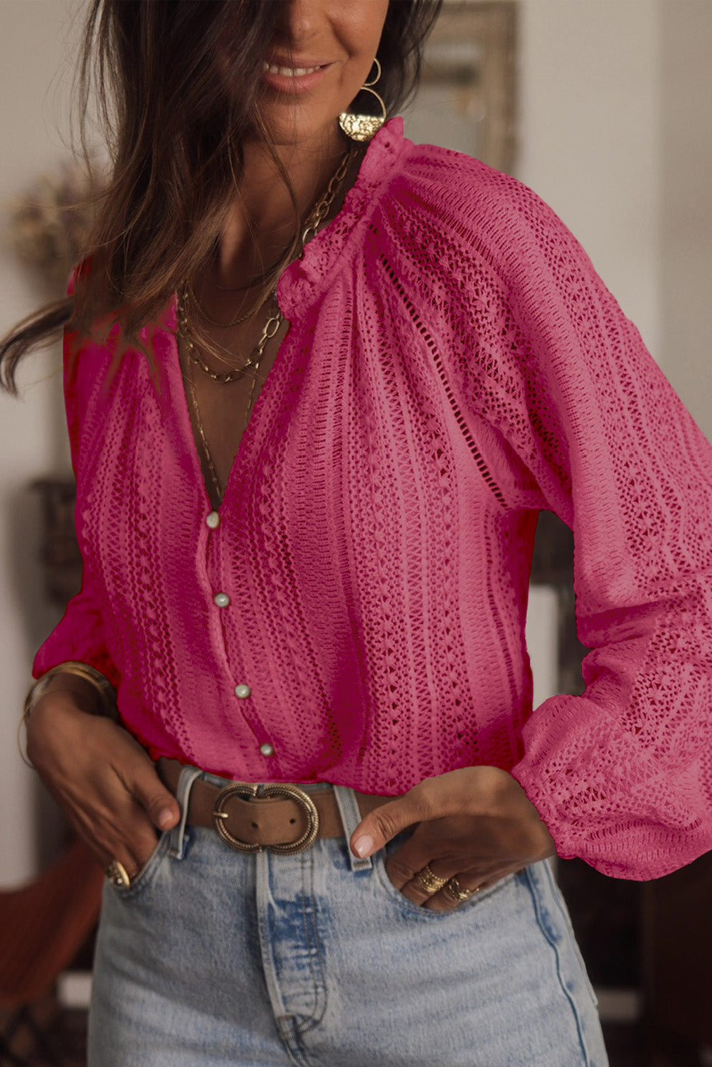 Rose V-Neck Long Sleeve Button Up Lace Shirt