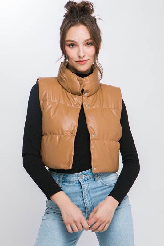 PU Faux Leather puffer West With Snap Button