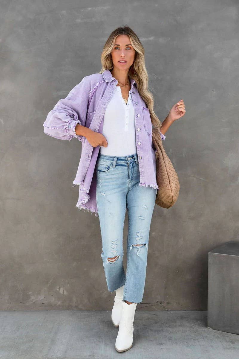 Loose raw edge patchwork pocket denim shirt jacket: Purple / (M) 1