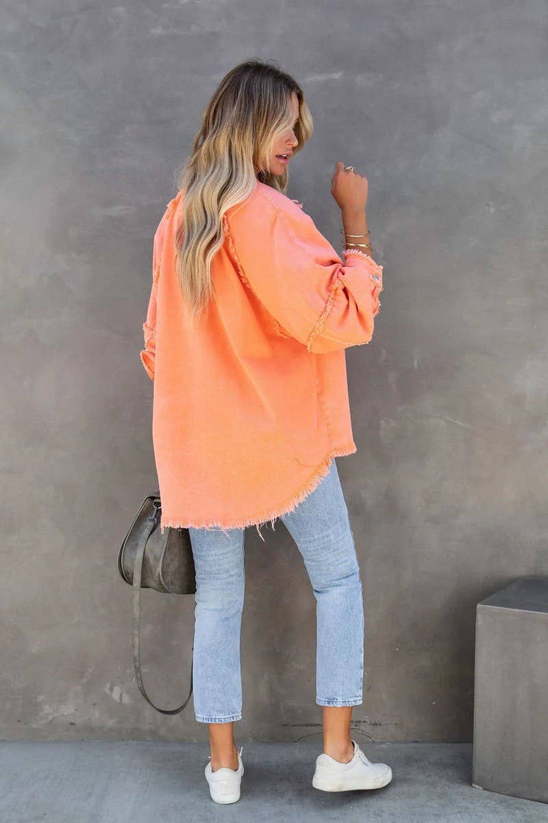 Loose raw edge patchwork pocket denim shirt jacket: Purple / (S) 1