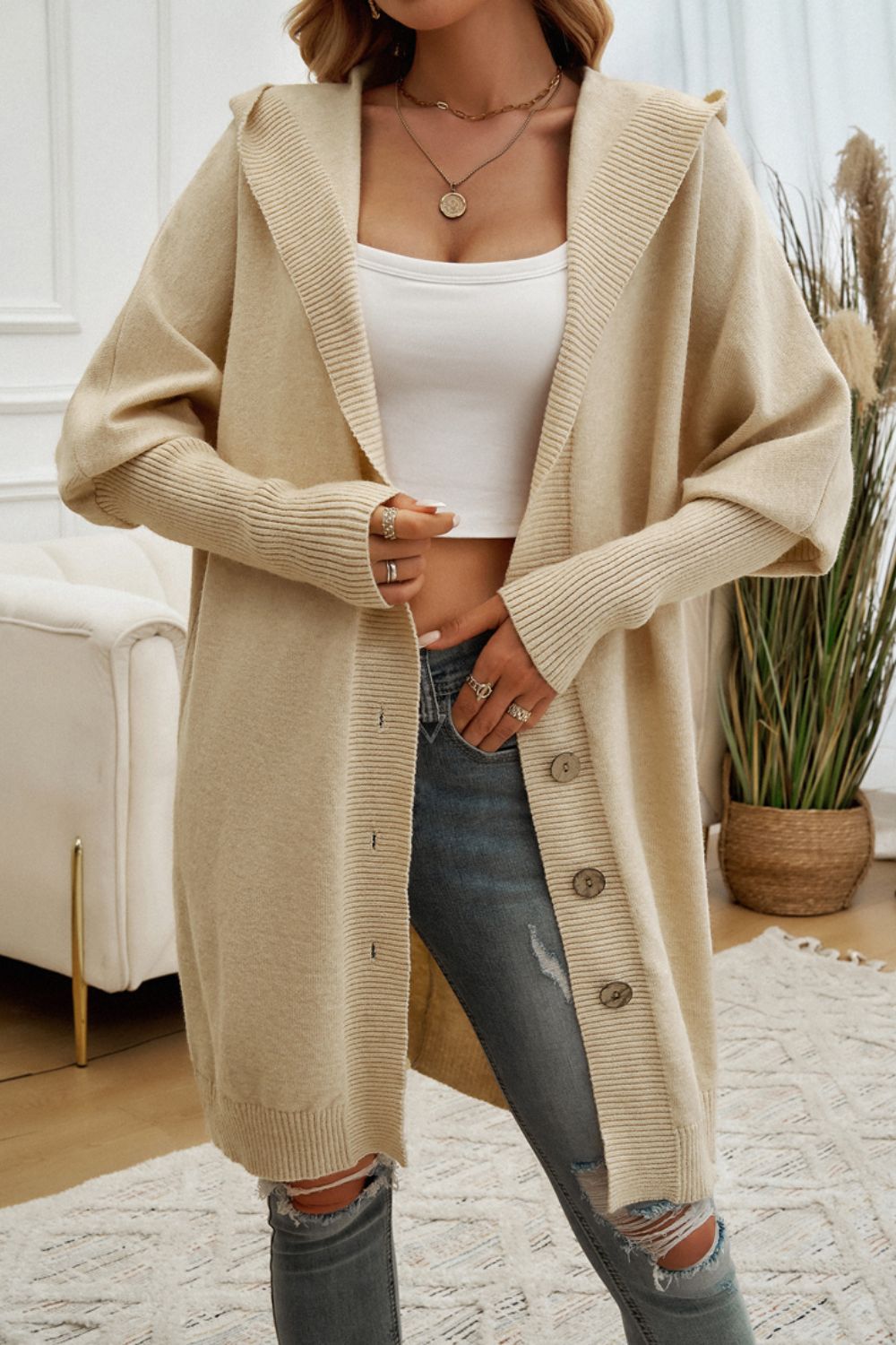 Button Up Long Sleeve Hooded Cardigan