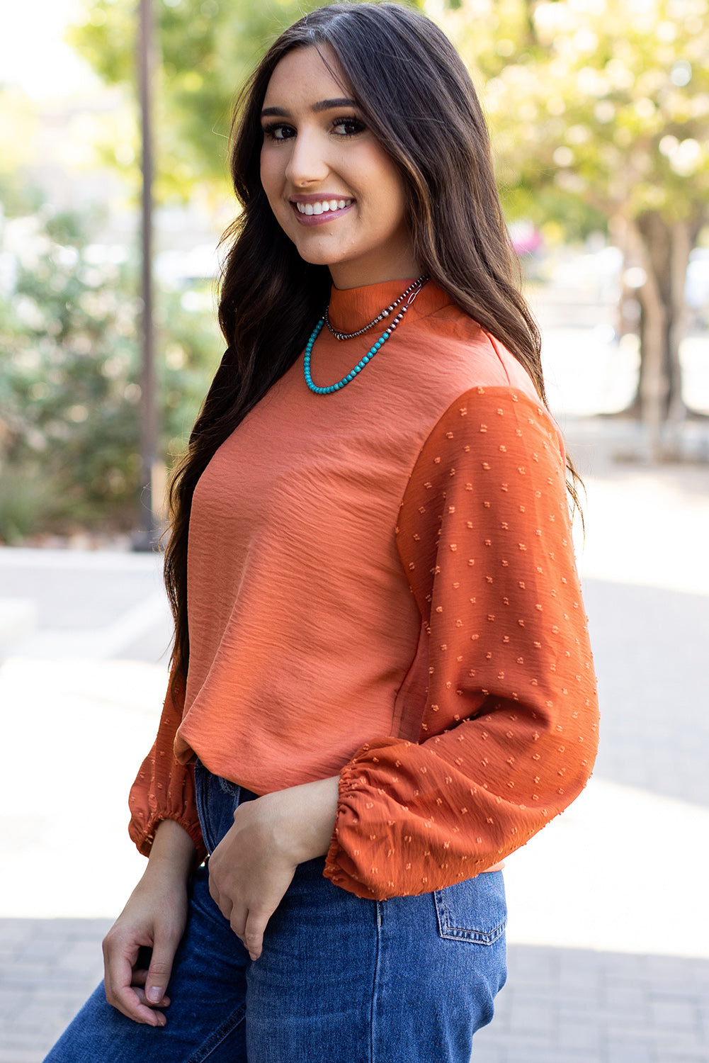 Russet Orange Swiss Dot Balloon Sleeve Loose Blouse