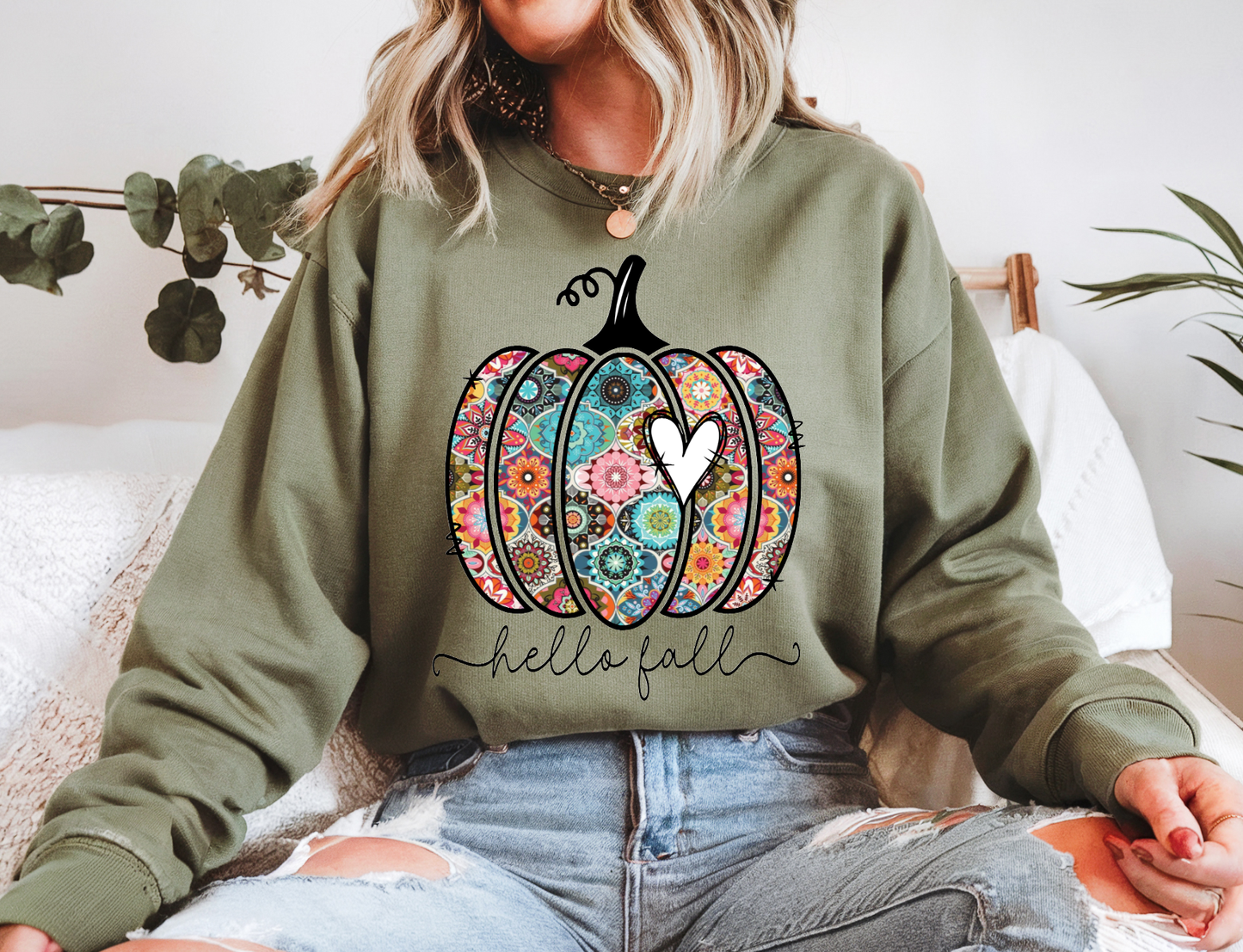 HELLO FALL CREWNECK TEE/SWEATSHIRT : SAGE / SWEATSHIRT / M