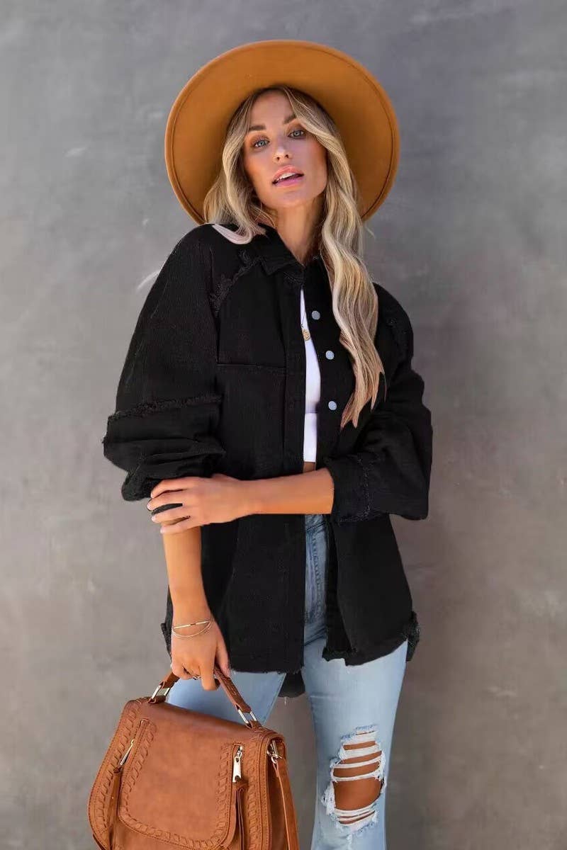 Loose raw edge patchwork pocket denim shirt jacket: Purple / (M) 1