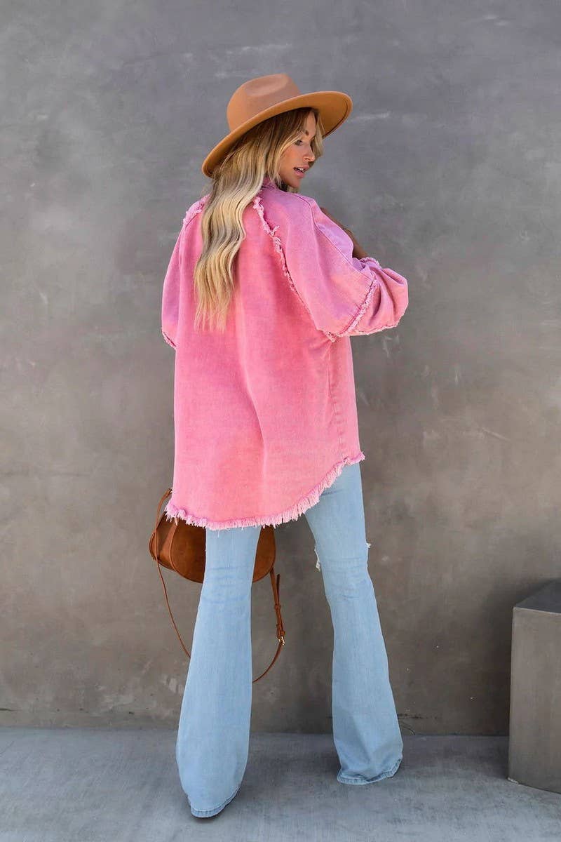 Loose raw edge patchwork pocket denim shirt jacket: Purple / (M) 1