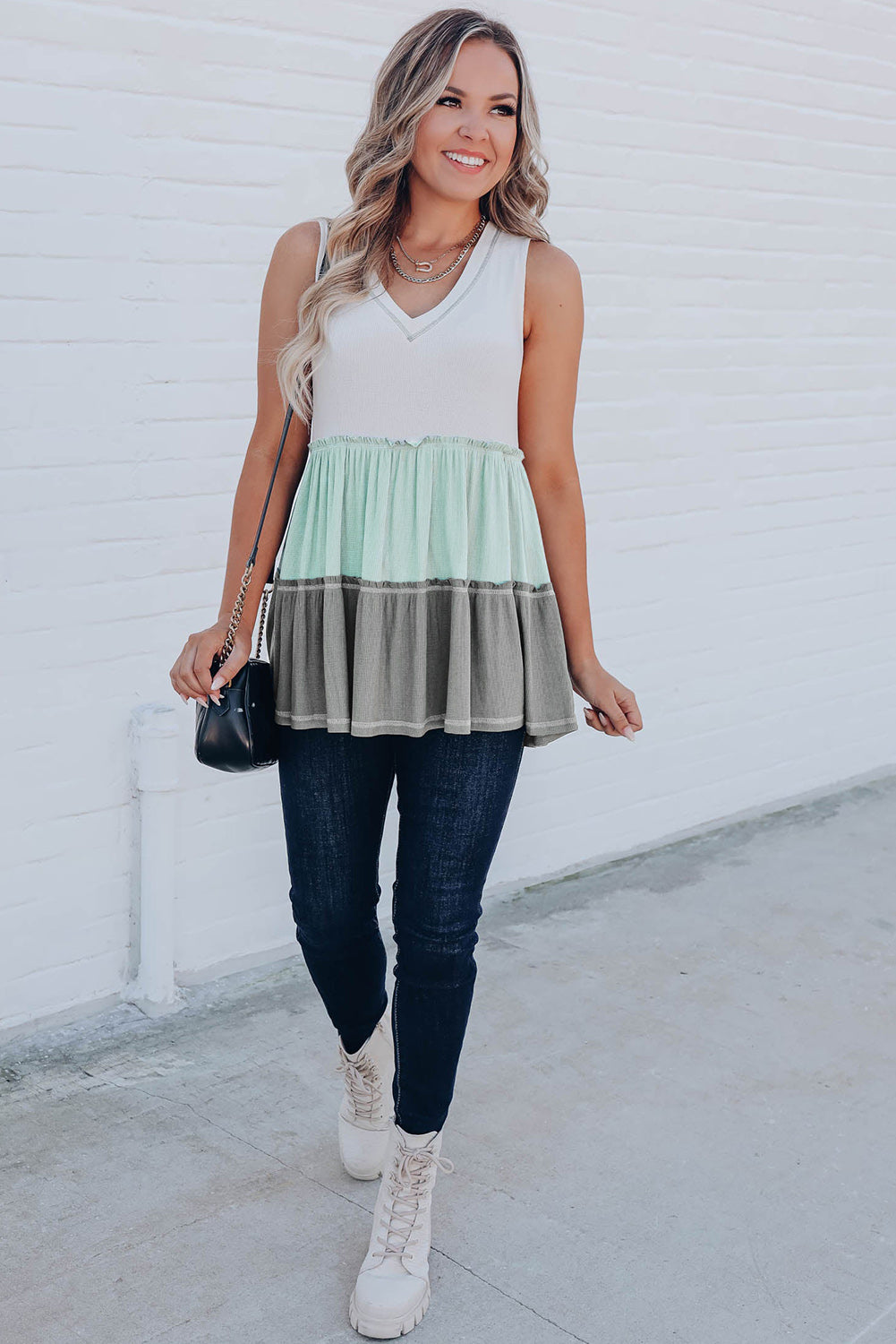 Green Ruffled V Neck Color Block Tank Top