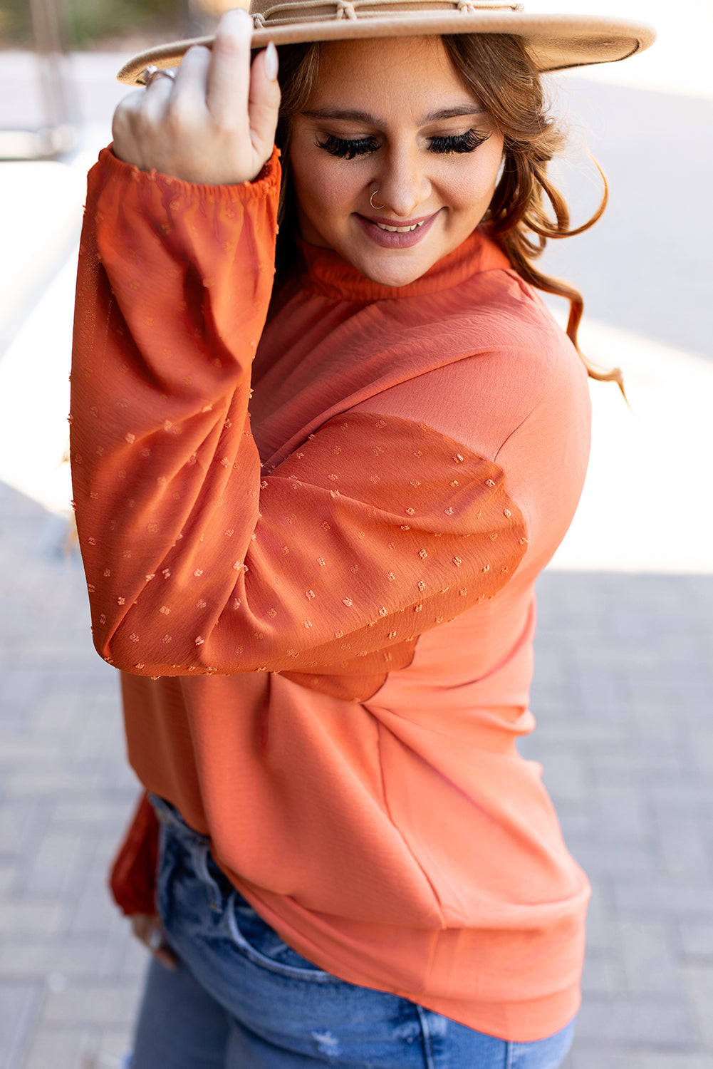 Russet Orange Swiss Dot Balloon Sleeve Loose Blouse