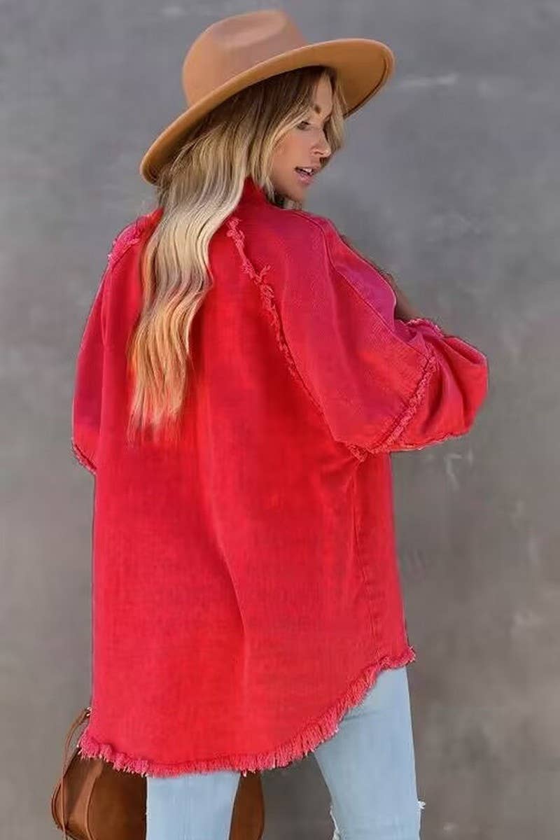 Loose raw edge patchwork pocket denim shirt jacket: Purple / (XL) 1