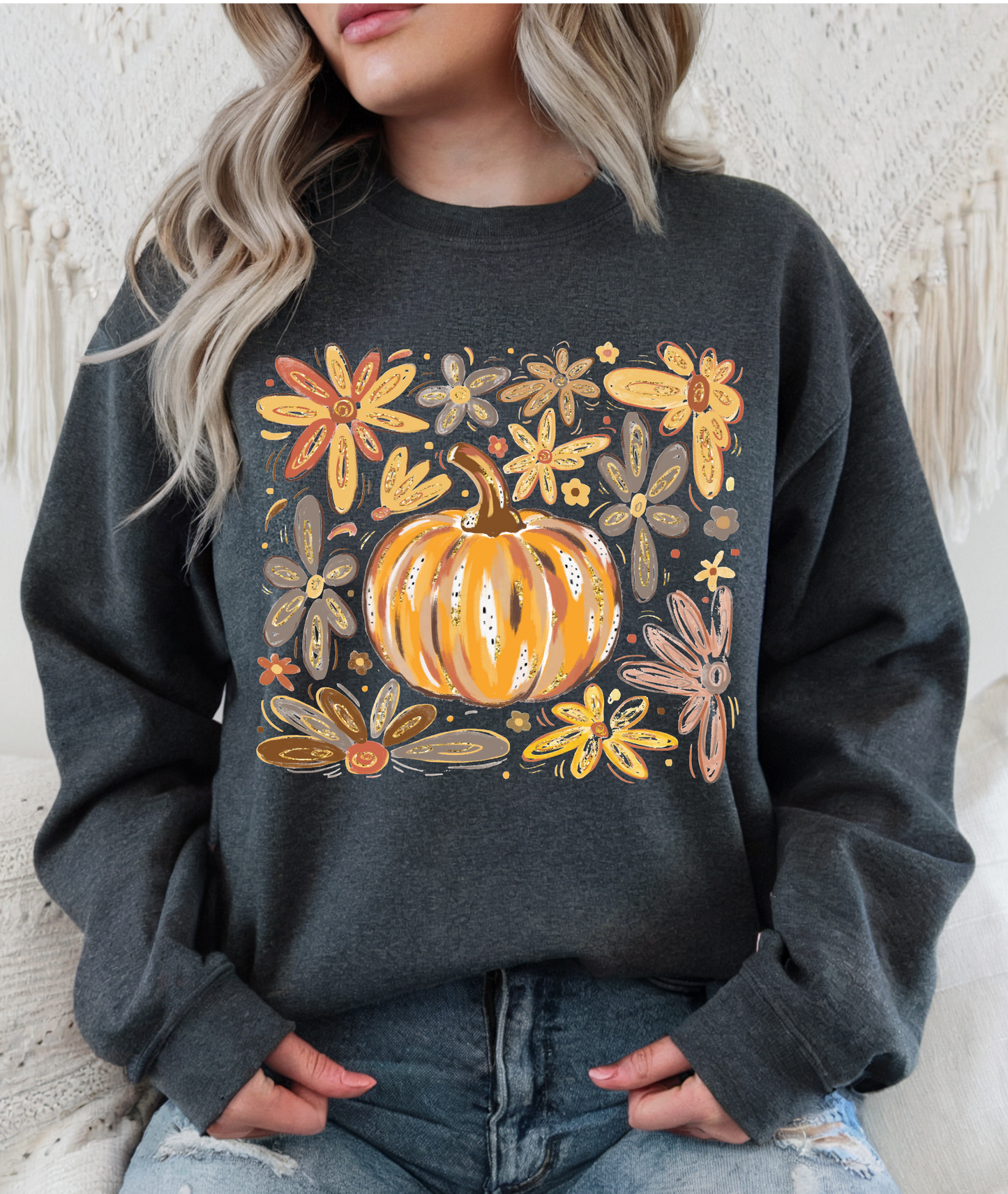PUMPKIN FLORAL CREWNECK TEE/SWEATSHIRT : CHARCOAL / TEE / L