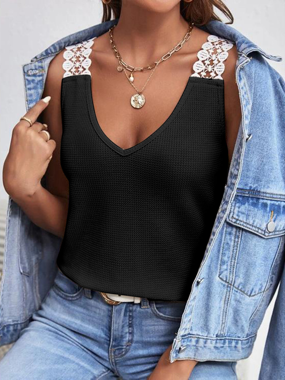 Full Size Lace Detail V-Neck Tank