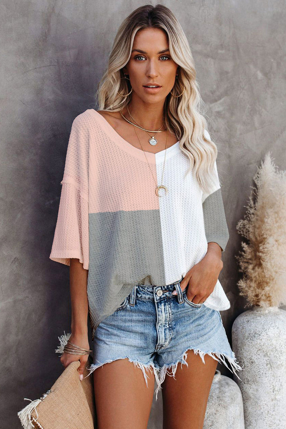 Multicolor Waffle Colorblock Wide Sleeve Oversized Top