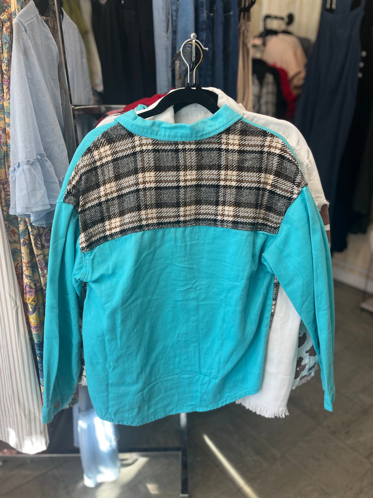 Sky Blue Plaid Patchwork Pockets Denim Jacket