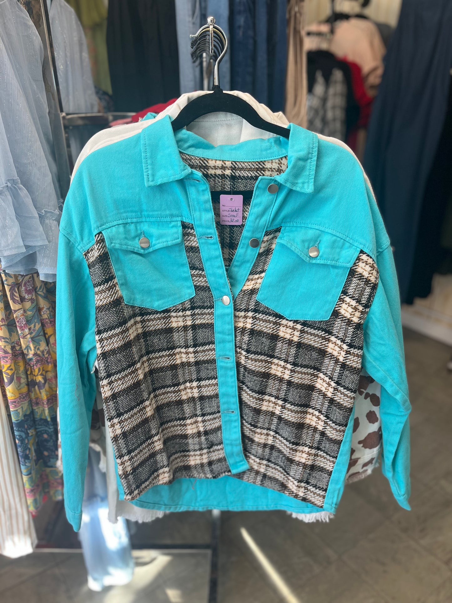 Sky Blue Plaid Patchwork Pockets Denim Jacket