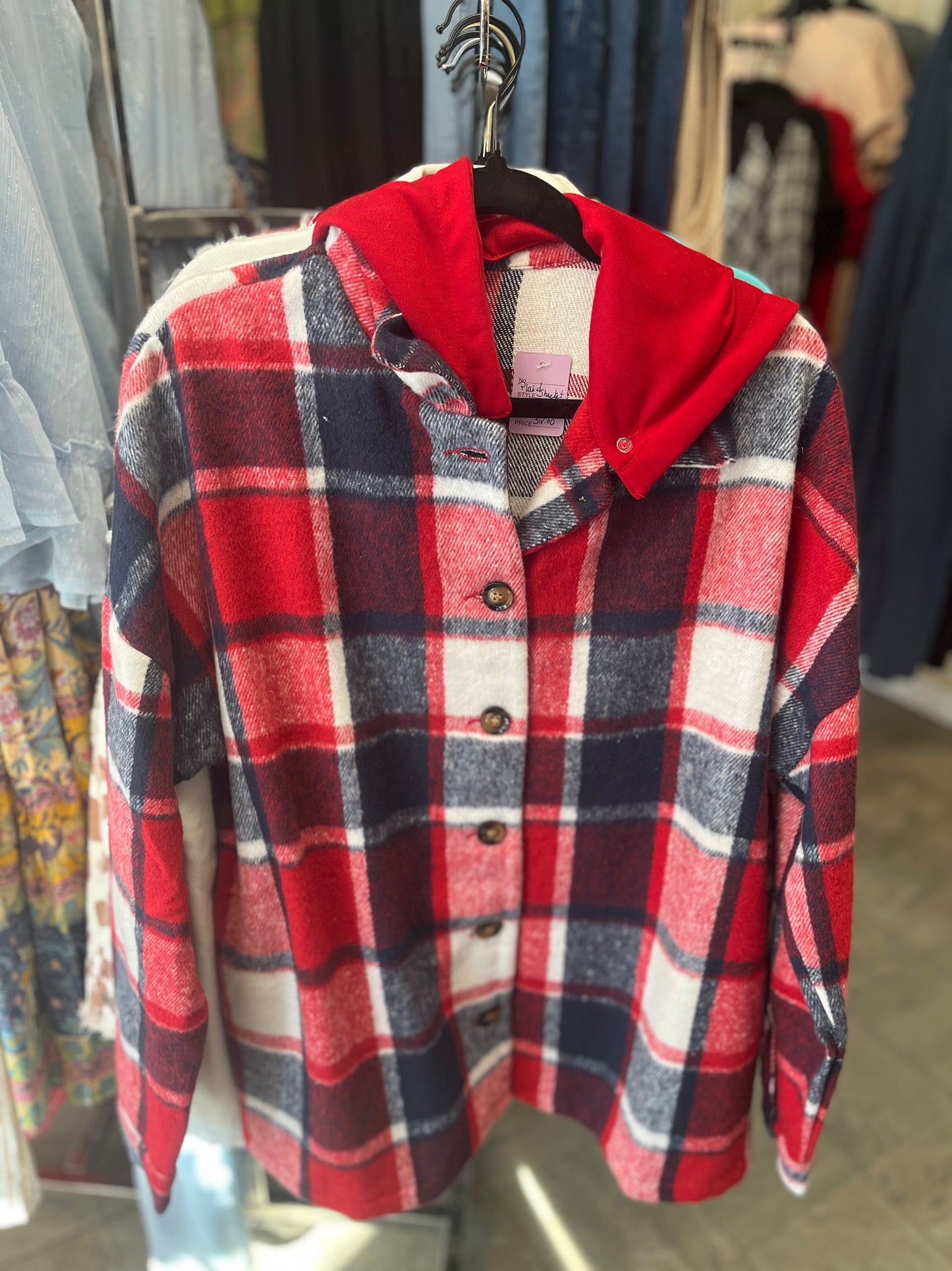 Fiery Red Hooded Plaid Button Front Shacket