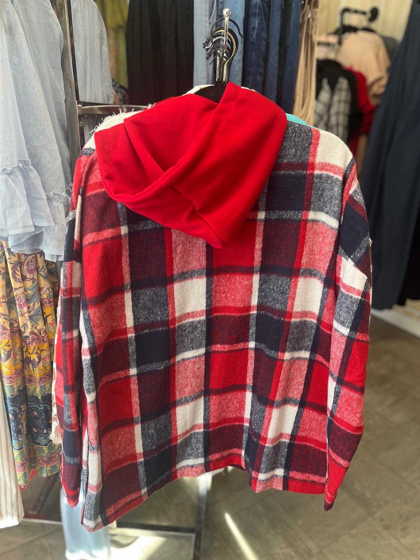 Fiery Red Hooded Plaid Button Front Shacket