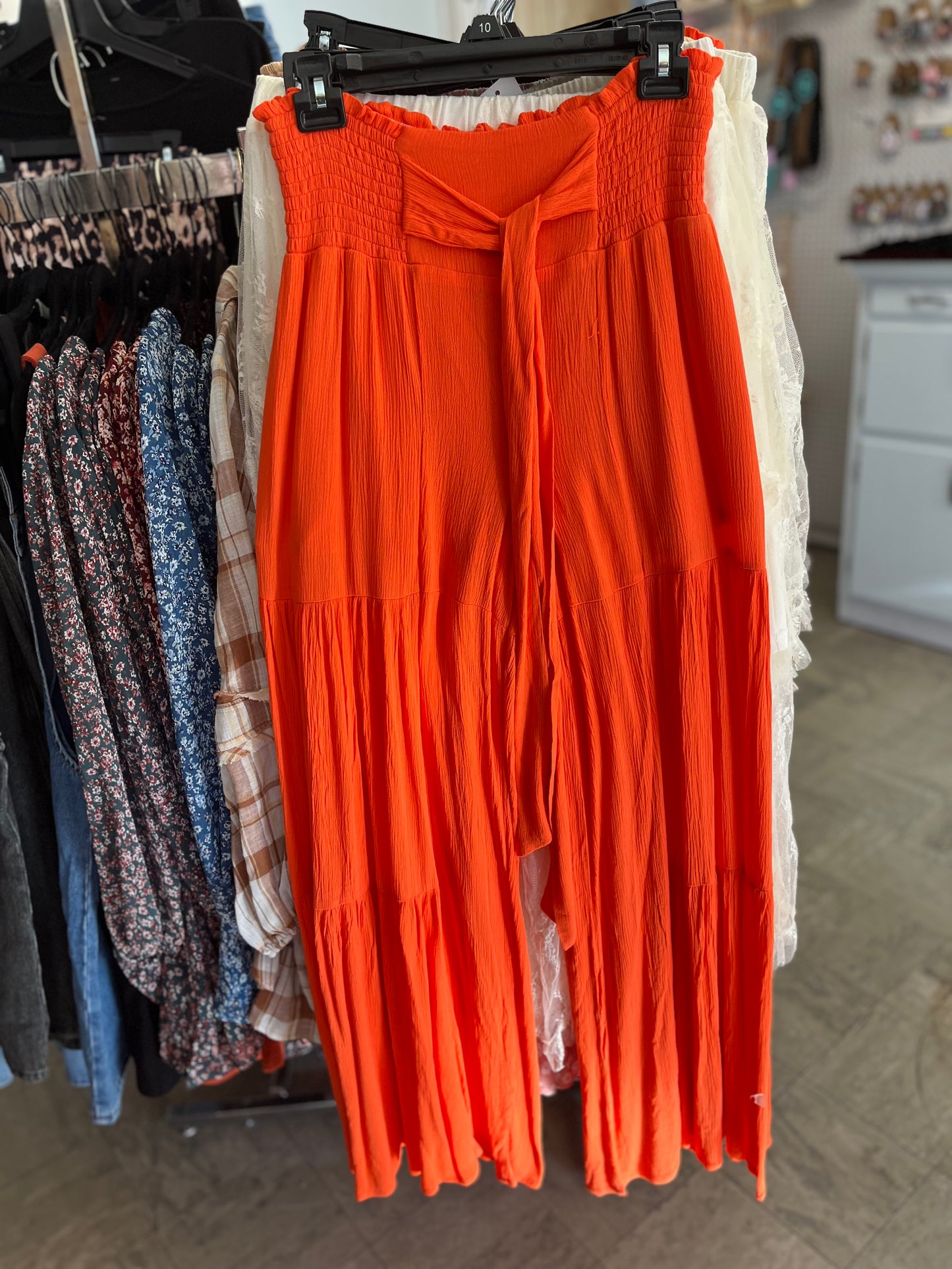 Orange Smocked Waist Tiered Wide Leg Pants