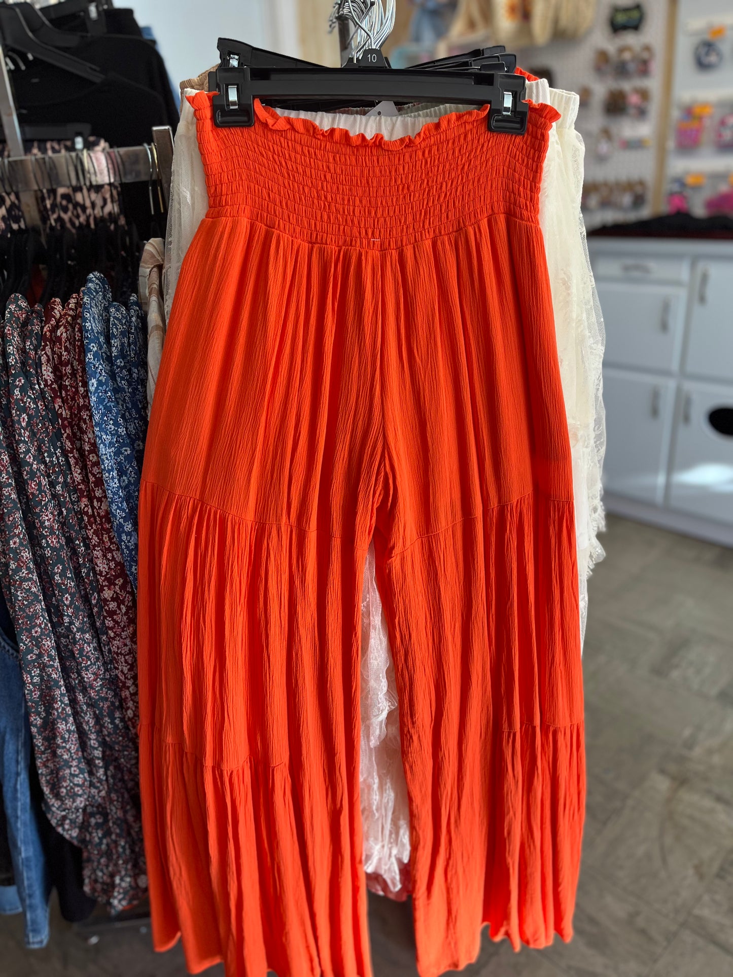 Orange Smocked Waist Tiered Wide Leg Pants