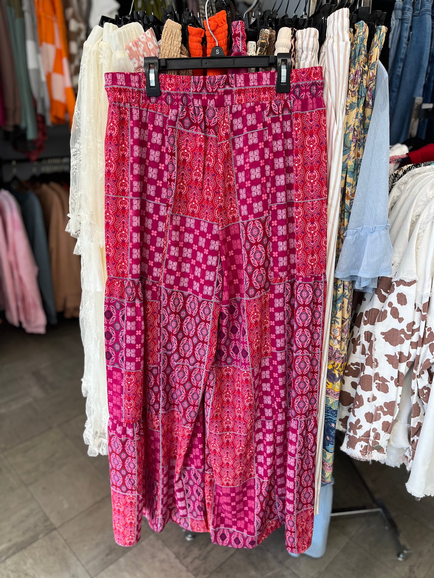 Purple Boho Patchwork Print Drawstring Wide Leg Pants