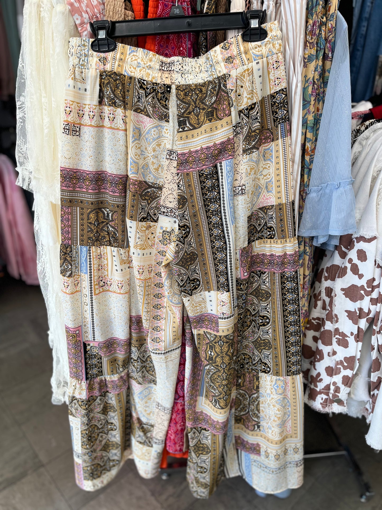 Yellow Boho Patchwork Print Drawstring Wide Leg Pants