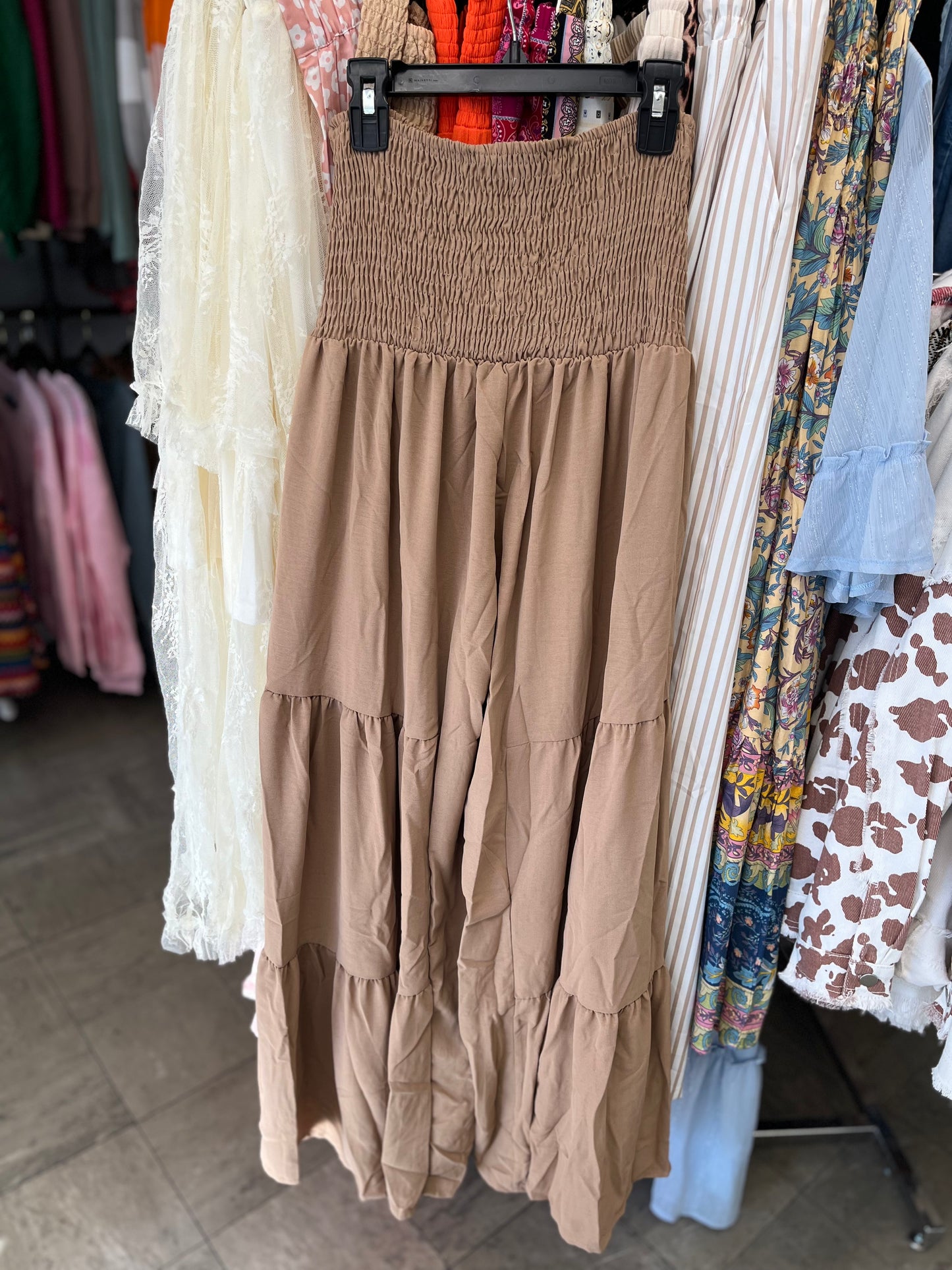 Khaki Lace up Smocked Waist Tiered Wide Leg Pants