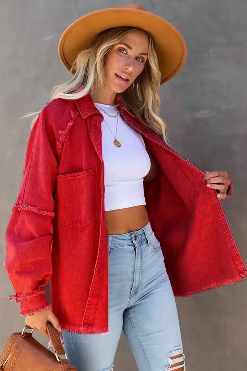 Loose raw edge patchwork pocket denim shirt jacket: Purple / (XL) 1