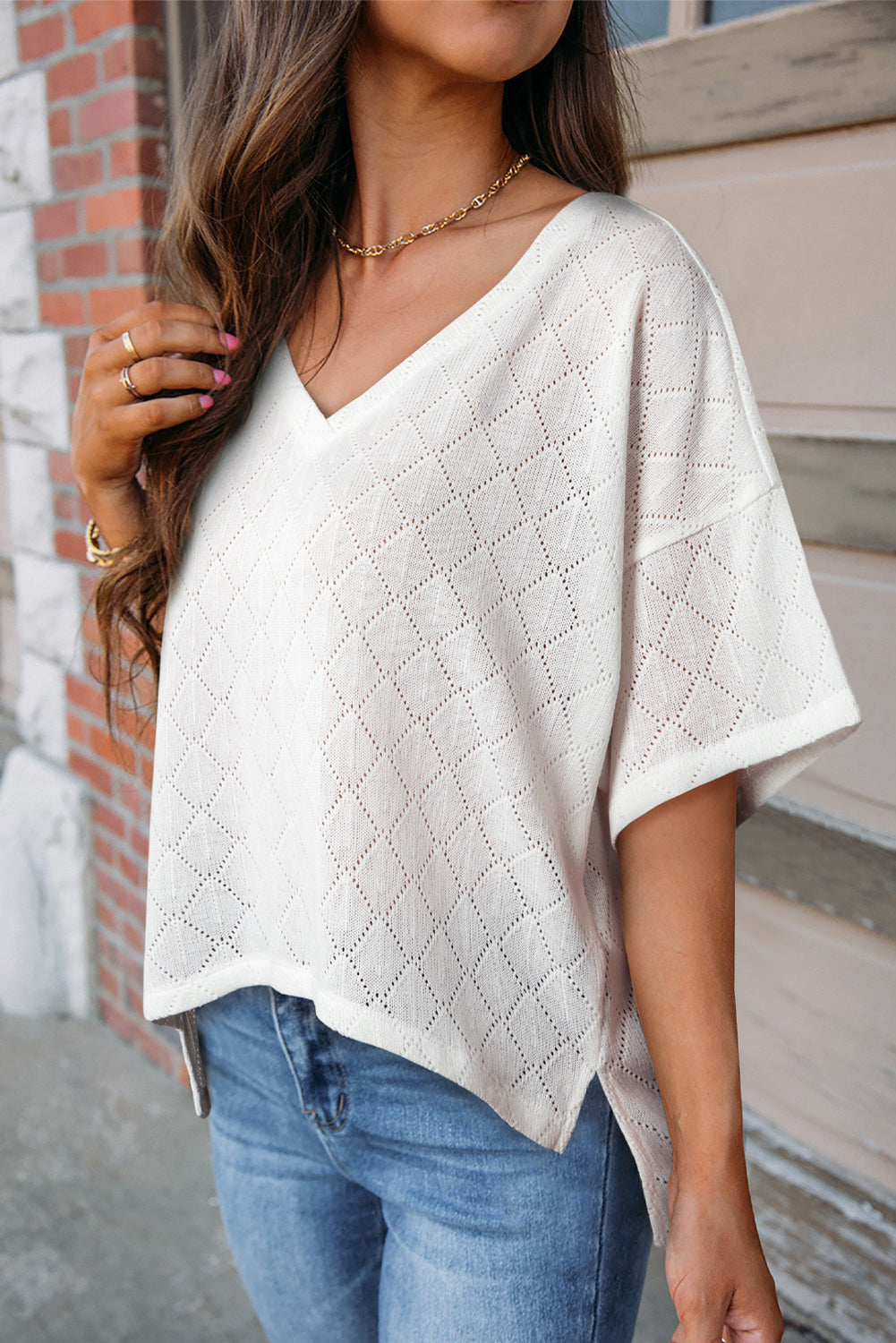 White V Neck Knitted Flowy Blouse