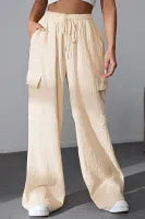 Apricot Loose Drawstring High Waist Crinkled Cargo Pants