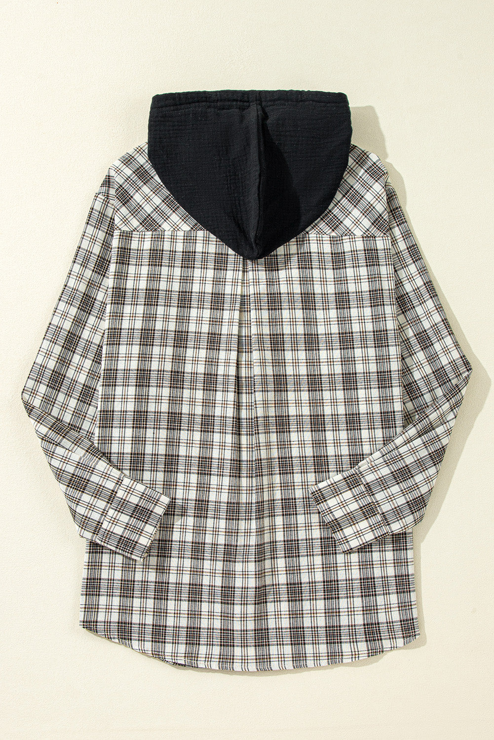 Black Checkered Print Loose Fit Buttoned Hooded Shacket