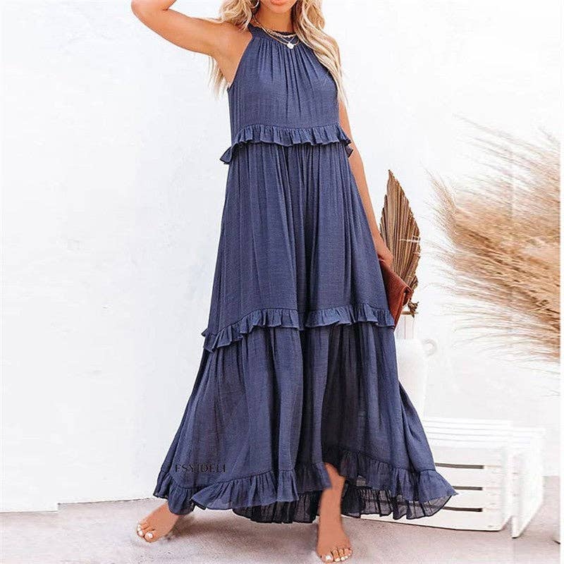 Beach Maxi Dress With Ruffle Hem: LIGHT BLUE / L