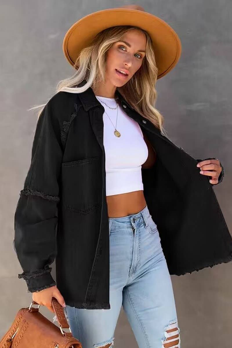 Loose raw edge patchwork pocket denim shirt jacket: Purple / (XL) 1