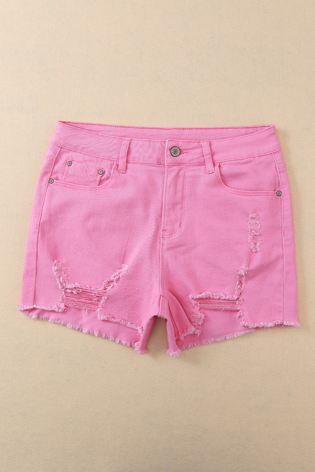 Rose Solid Color Distressed Denim Shorts