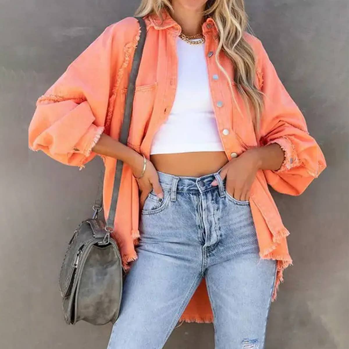 Loose raw edge patchwork pocket denim shirt jacket: Purple / (XL) 1