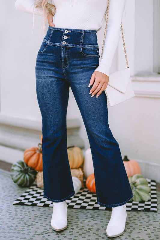 Blue Buttons Elastic Wide Waistband Back Flare Jeans