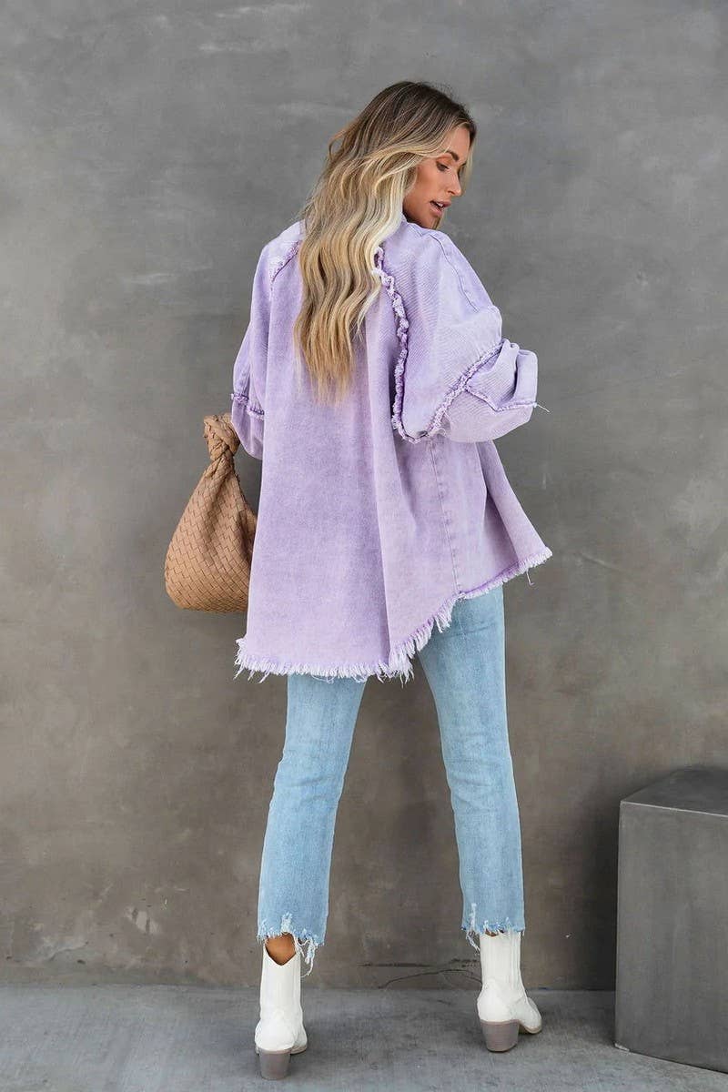 Loose raw edge patchwork pocket denim shirt jacket: Purple / (S) 1