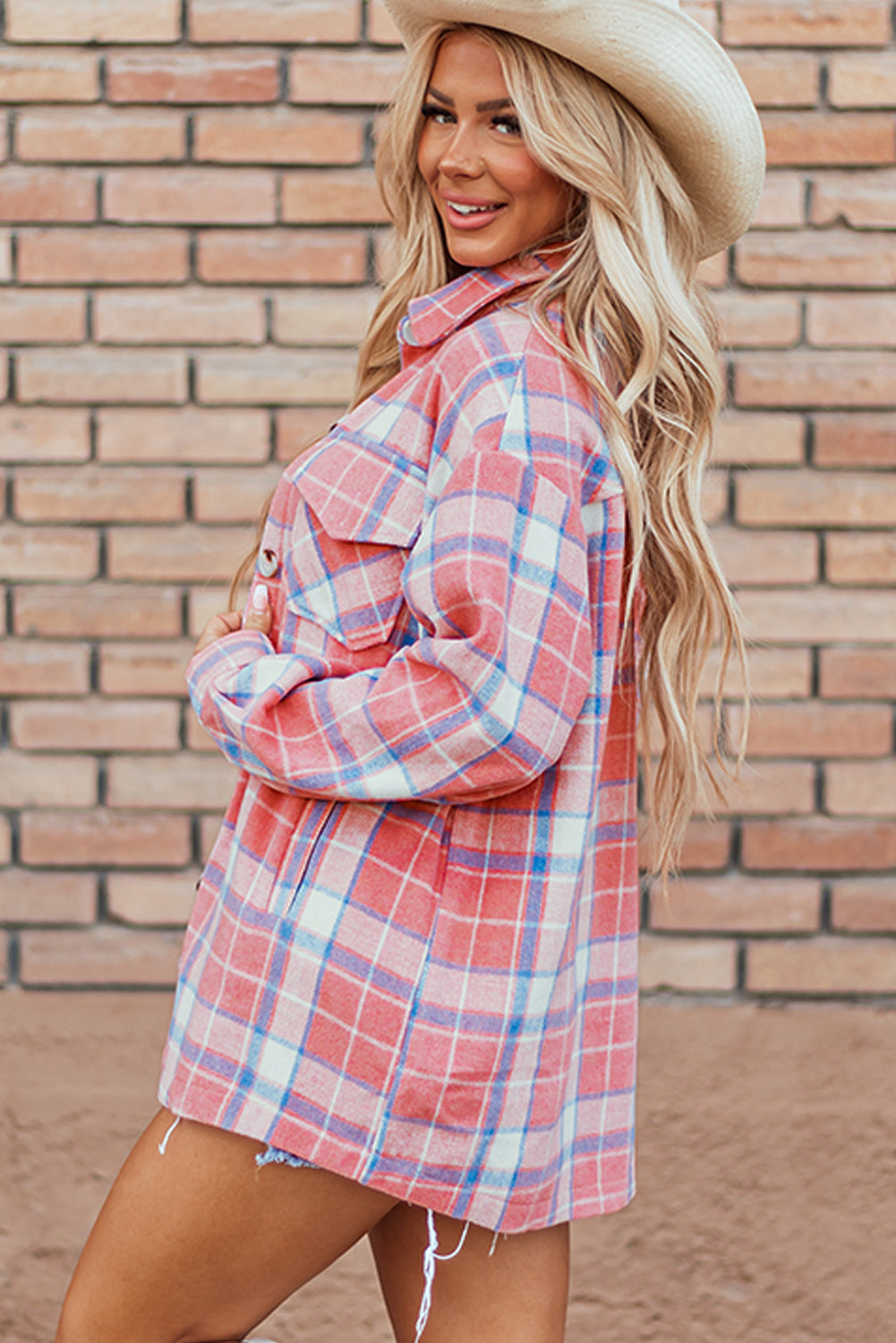 Pink Plaid Flap Pocket Button Up Shacket