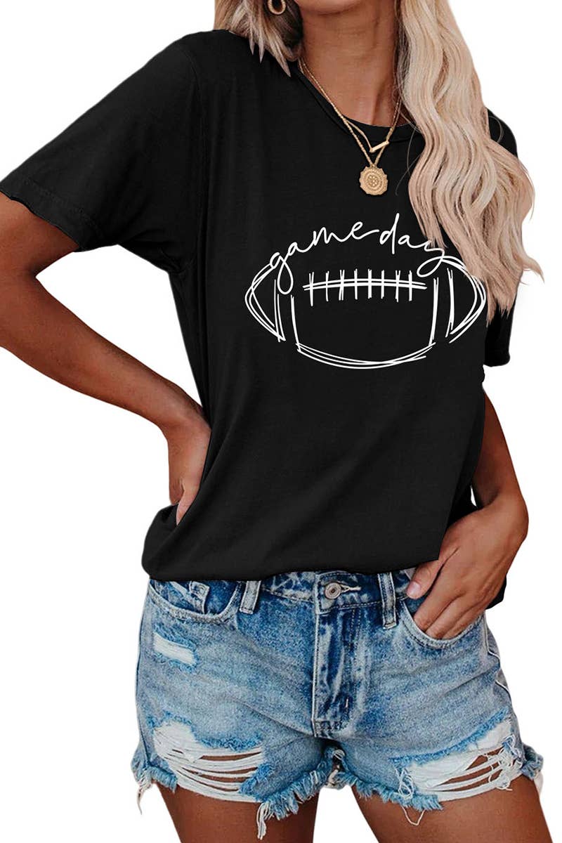 CWTTS0587_WOMEN GAME DAY PRINTING SHORT SLEEVE T SHIRT TOP: Black / (M) 1