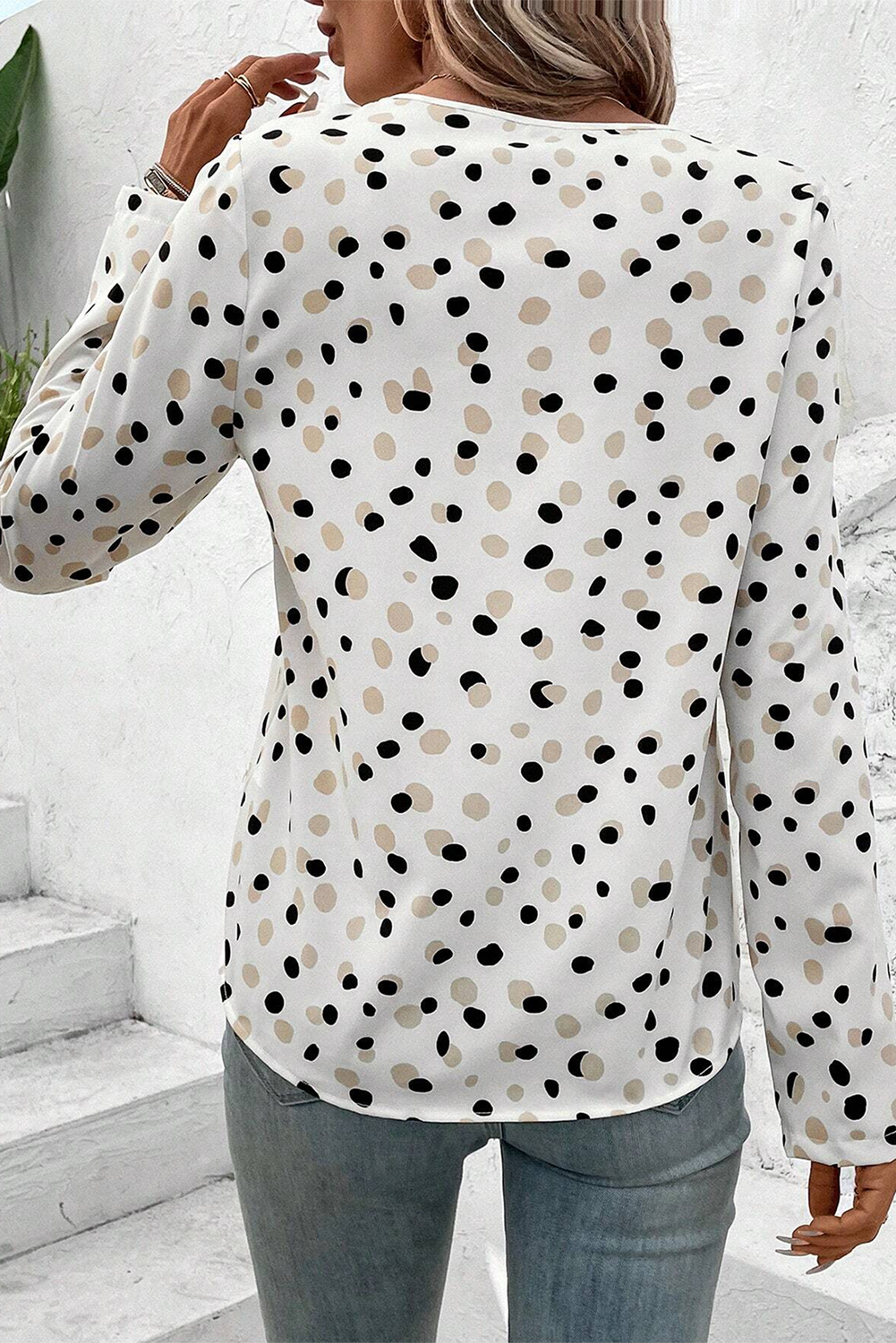 Green Polka Dot Print Button Front V Neck Blouse