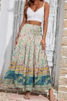 Sky Blue Boho Floral & Paisley Print Shirred Waist Long Skirt