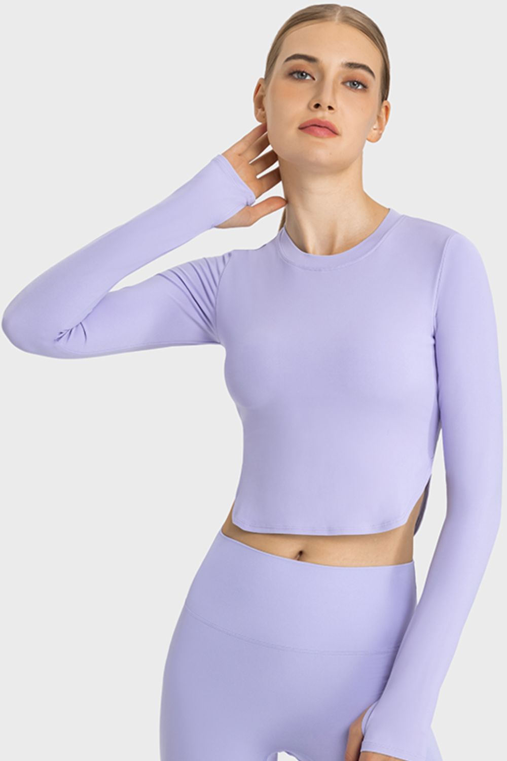 Side Slit Long Sleeve Round Neck Crop Top