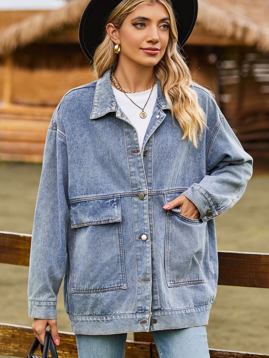 Dropped Shoulder Denim Jacket with Pockets