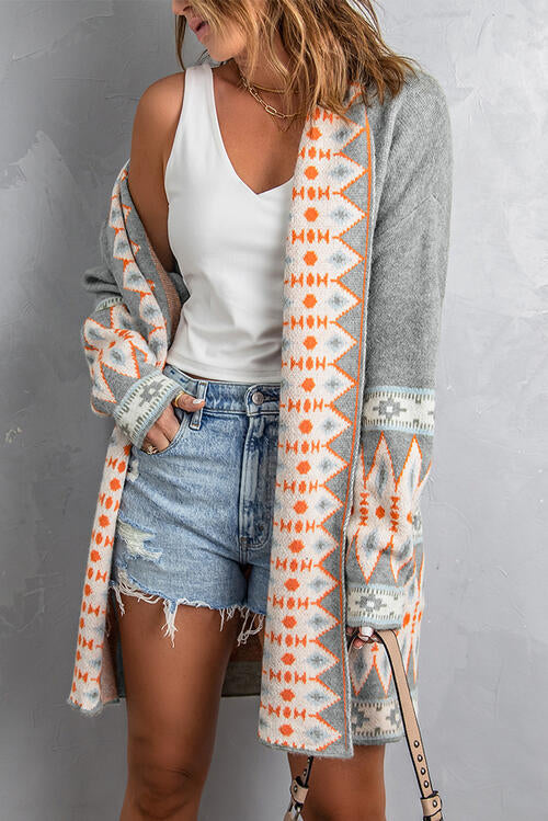 Geometric Open Front Long Sleeve Cardigan