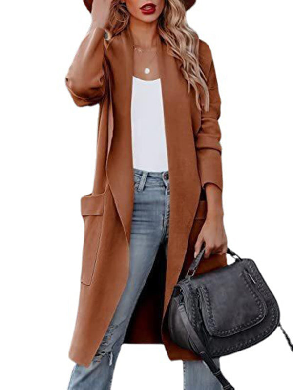 Women’s Casual Overcoat With Large Front Pockets And Folded Collar