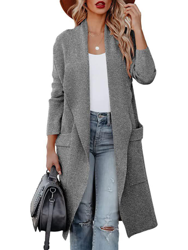 Women’s Casual Overcoat With Large Front Pockets And Folded Collar